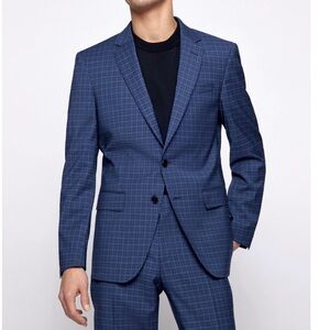 New BOSS H Huge Blazer Suit Jacket Check Plaid Blue Wool Blend Sz 38